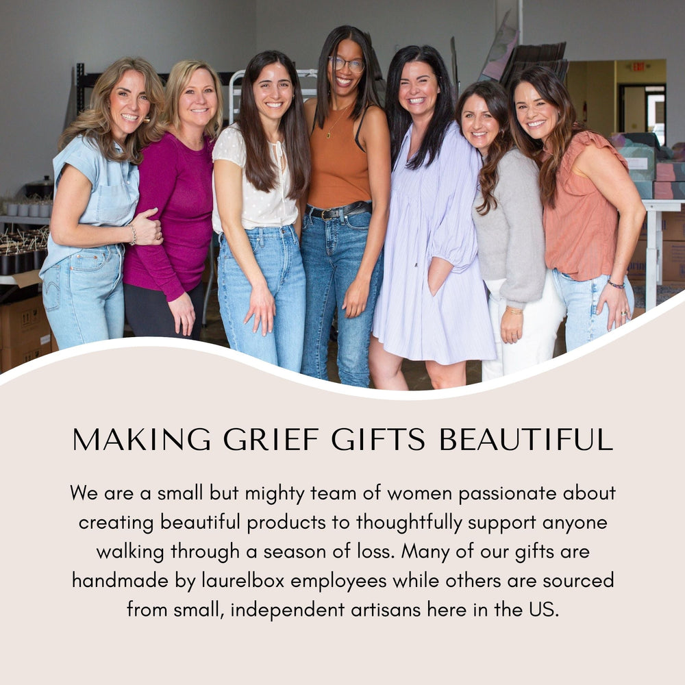 Seven women standing close together posing with the text Making Grief Gifts Beautiful below it