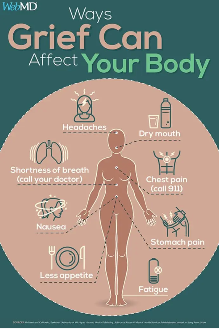 WebMD graphic of Ways Grief Can Affect Your Body - with a diagram of the human body alongside callouts: headaches, dry mouth, chest pain, stomach pain, fatigue, less appetite. nausea, shortness of breath