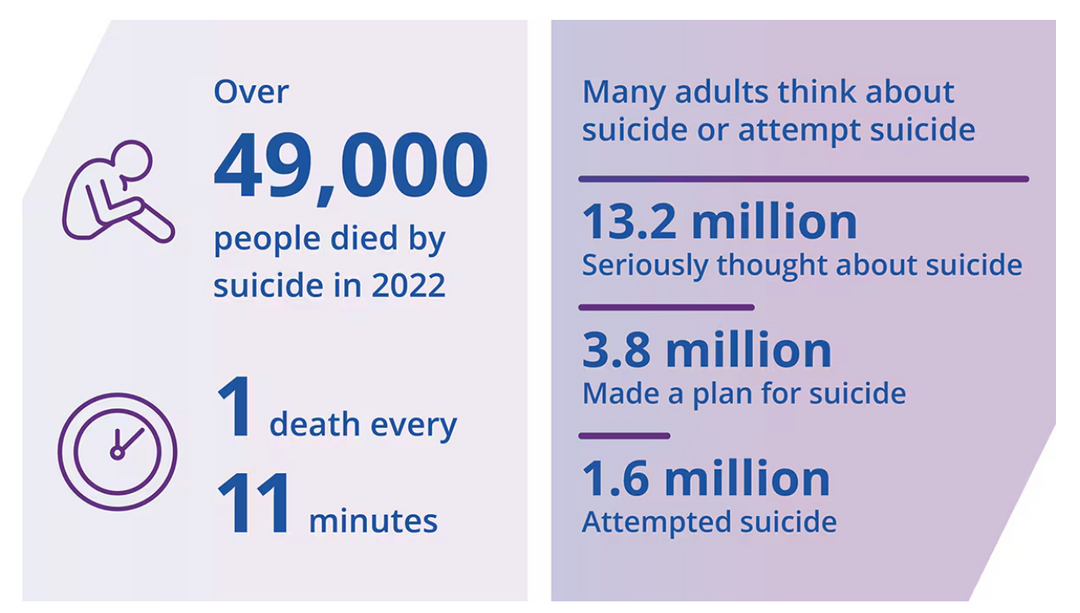 White and purple graphic with suicide facts